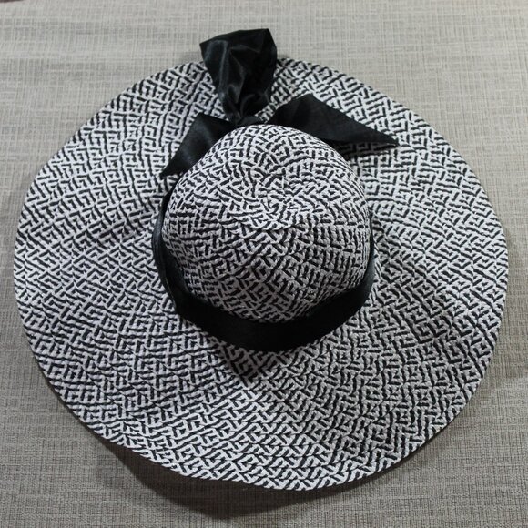 None Accessories - Black and White Hat with Black Satin Bow